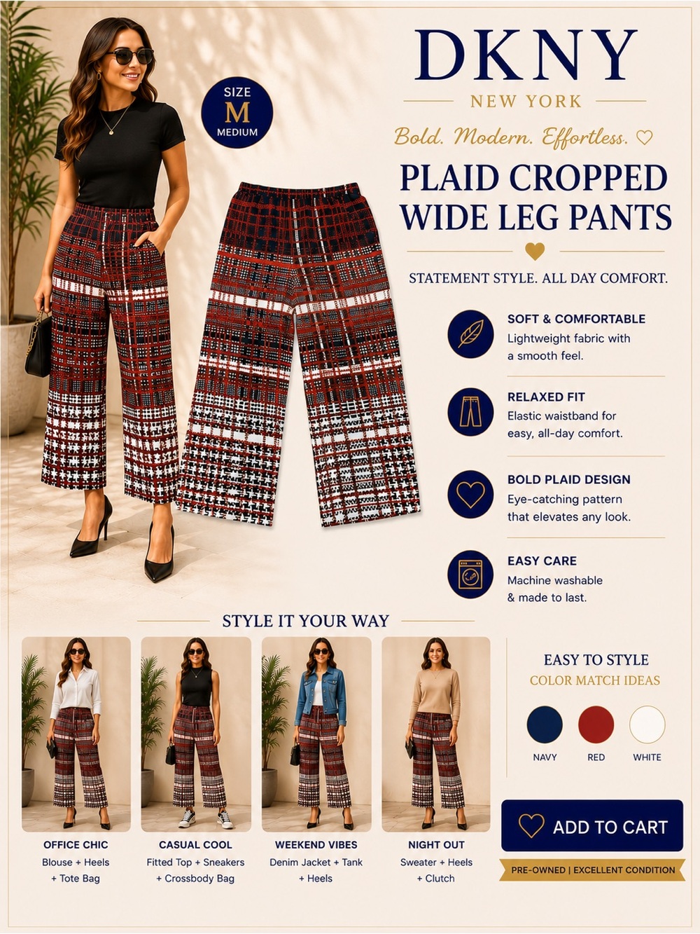 DKNY Red and White Plaid Cropped Wide-Leg Pants